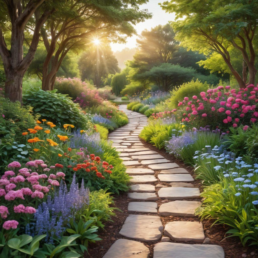 A serene and hopeful landscape depicting a pathway winding through a vibrant garden, symbolizing the journey of cancer patients. Along the path, various elements representing oncology, tumor therapy (like medical symbols), and holistic support (like herbs and wellness symbols) are incorporated. The scene should radiate positivity, with soft, uplifting colors illuminating the surroundings, suggesting strength and resilience. Include gentle sunlight filtering through the trees to enhance the sense of hope. super-realistic. vibrant colors. soothing atmosphere.