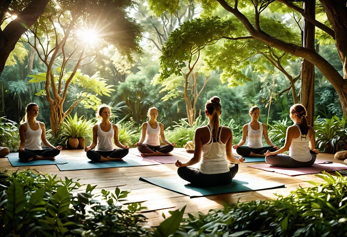 A serene scene depicting a diverse group of people engaged in holistic healing practices, such as yoga, meditation, and herbal therapy, surrounded by lush greenery and soft sunlight filtering through trees. Incorporate elements of traditional medicine like stethoscopes or acupuncture needles subtly in the background, signifying the blend of holistic and medical support. The ambiance should evoke a sense of peace, healing, and community. ultra-realistic. warm tones. inviting atmosphere.